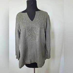 edward 100% irish linen green 3 quarter sleeve blouse embroidered size L